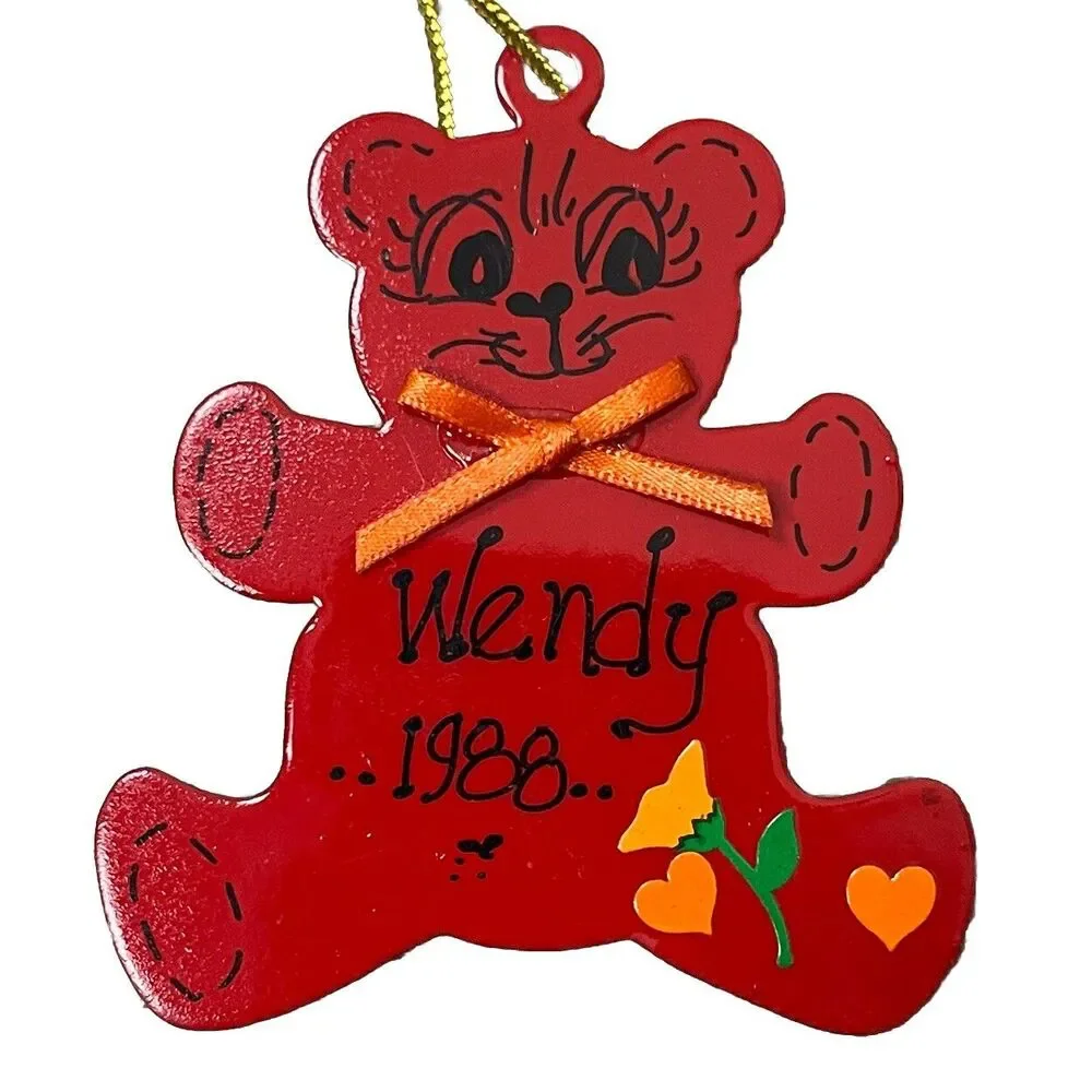Vintage Teddy Bear Christmas Ornament Red Metallic Hanging Farmhouse Country 80s